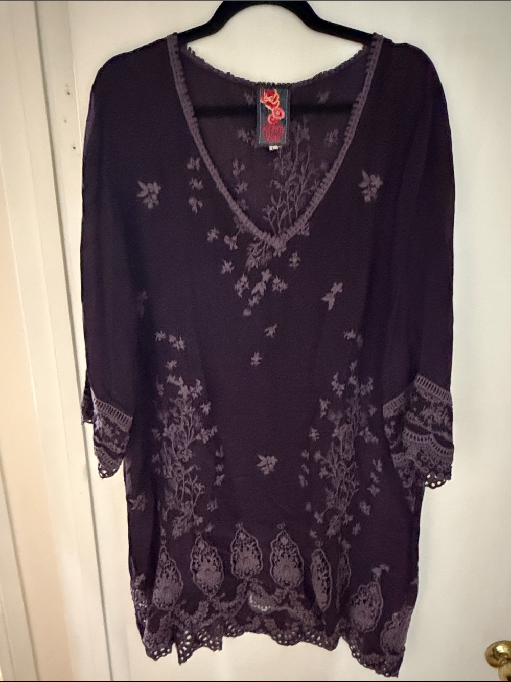 Johnny Was Deep Plum Embroidered V-Neck Tunic